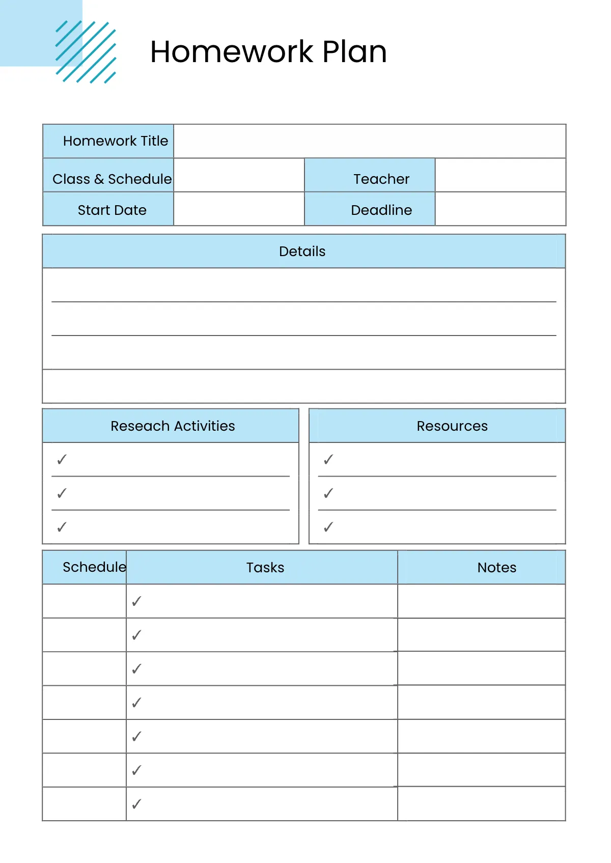 Free Simple Homework Planner Template to Edit Online