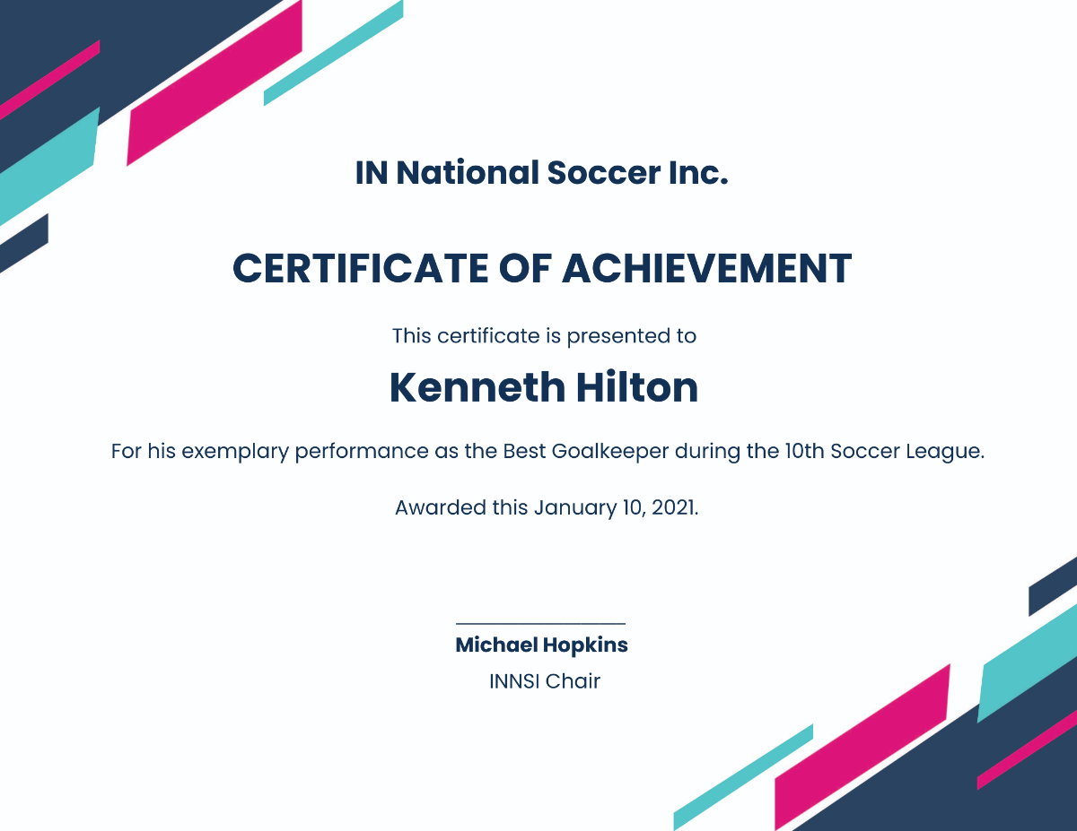 Sample Soccer Award Certificate