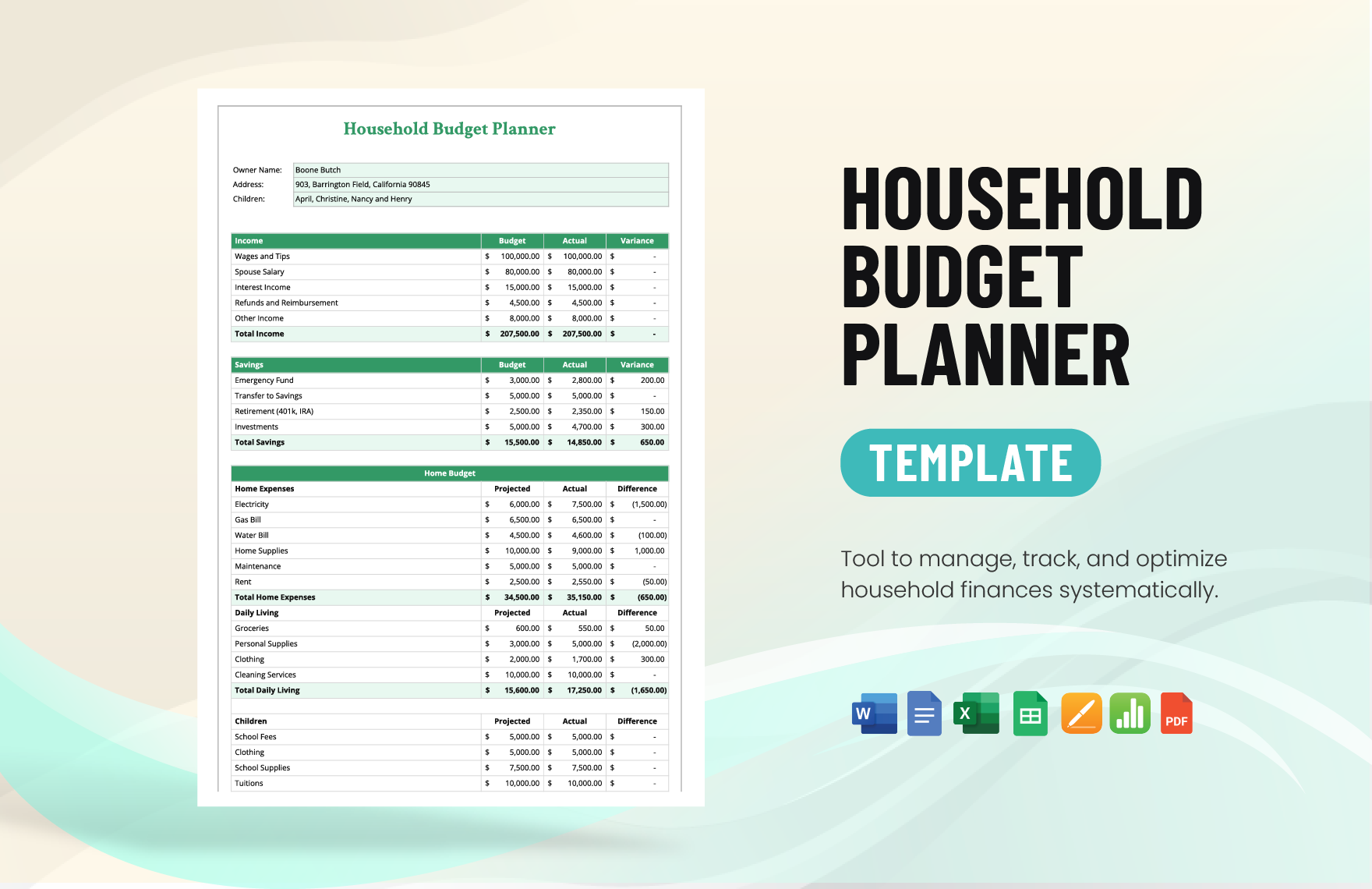 Household Budget Planner Template in Word, Google Docs, Excel, PDF, Google Sheets, Apple Pages, Apple Numbers