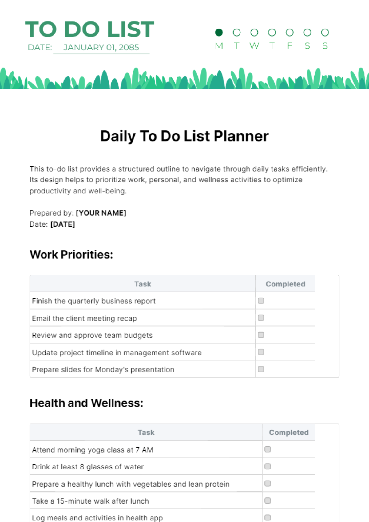 Free Daily To Do List Planner Template