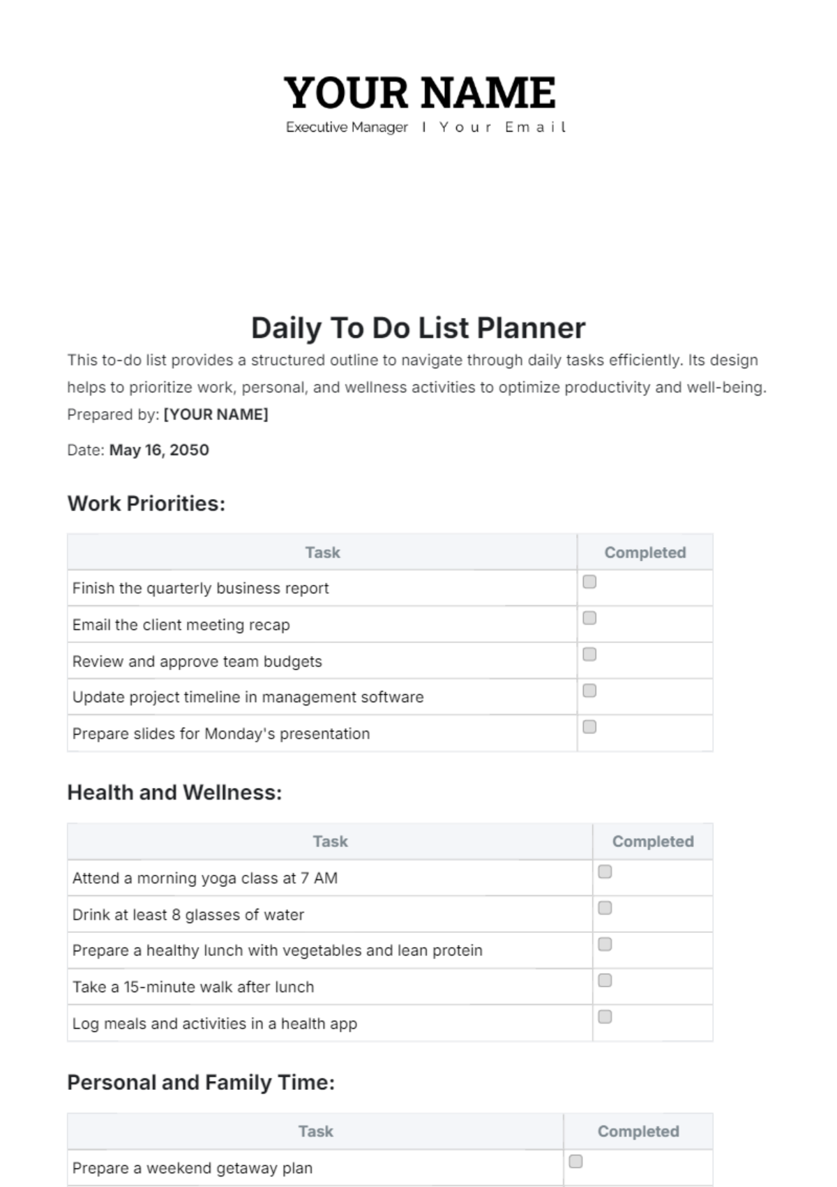 Daily To Do List Planner Template