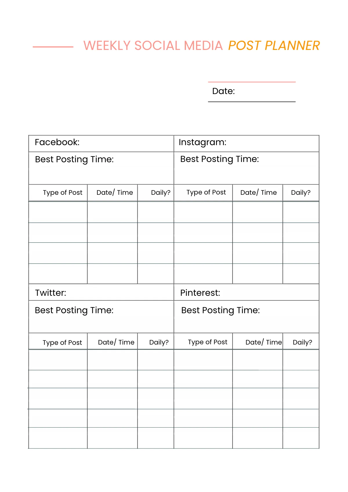 Free Sample Social Media Planner Template to Edit Online