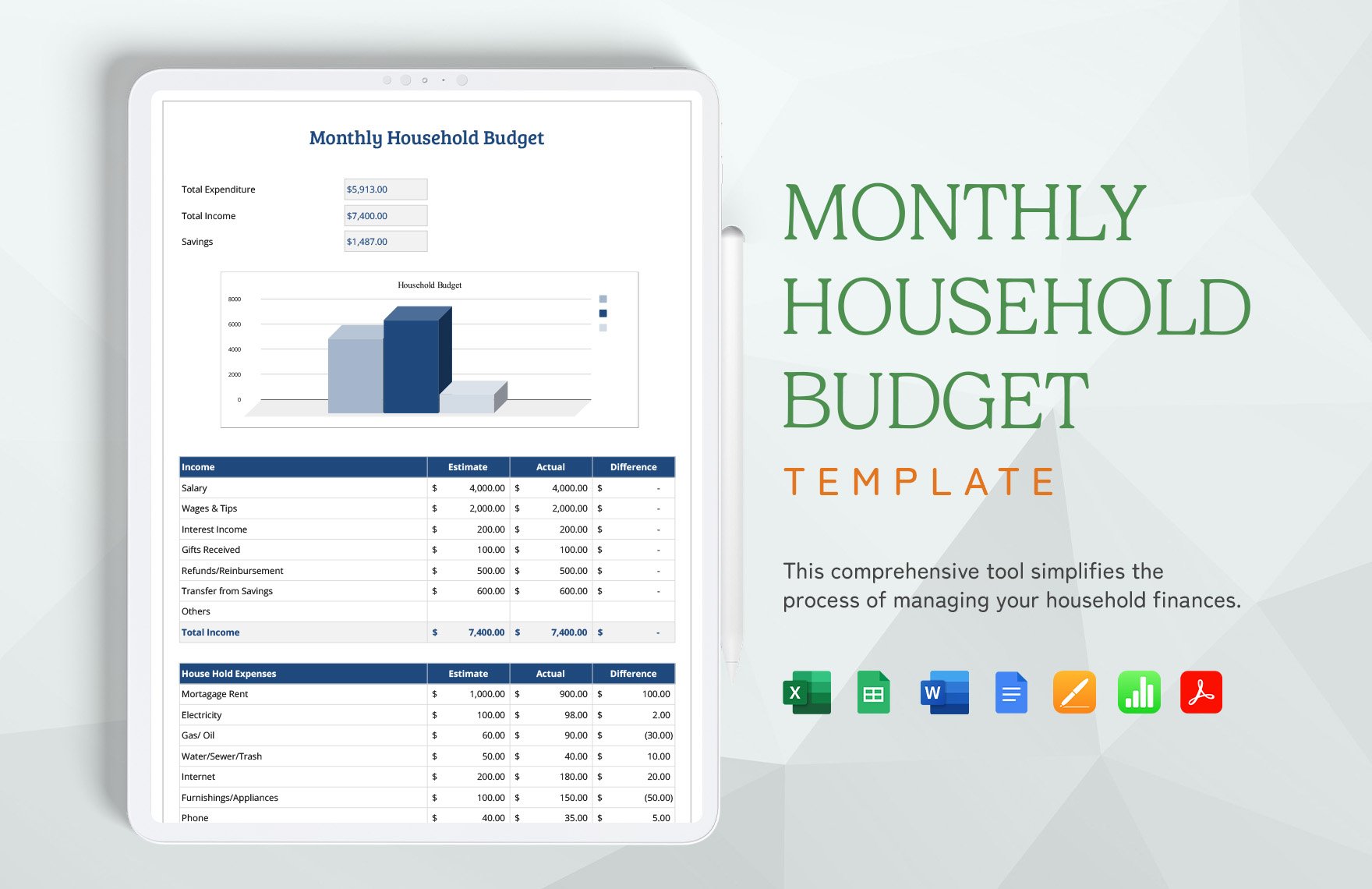 Monthly Household Budget Template in Word, Google Docs, Excel, PDF, Google Sheets, Apple Pages, Apple Numbers