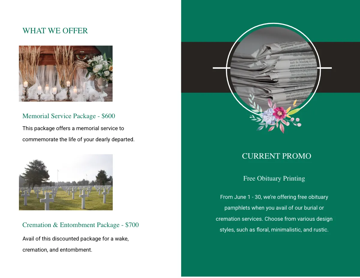 Free Minimalistic Funeral Obituary Bi-Fold Brochure Template to Edit Online
