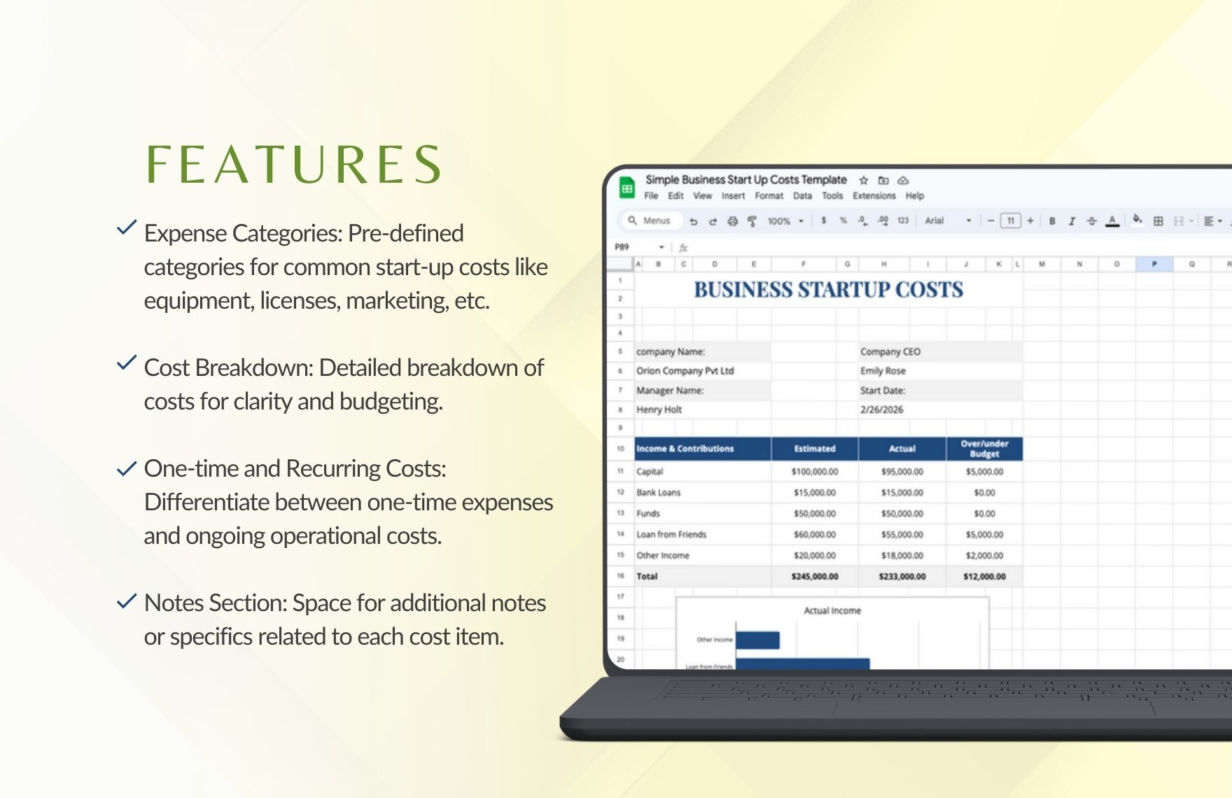 Simple Business Start Up Costs Template