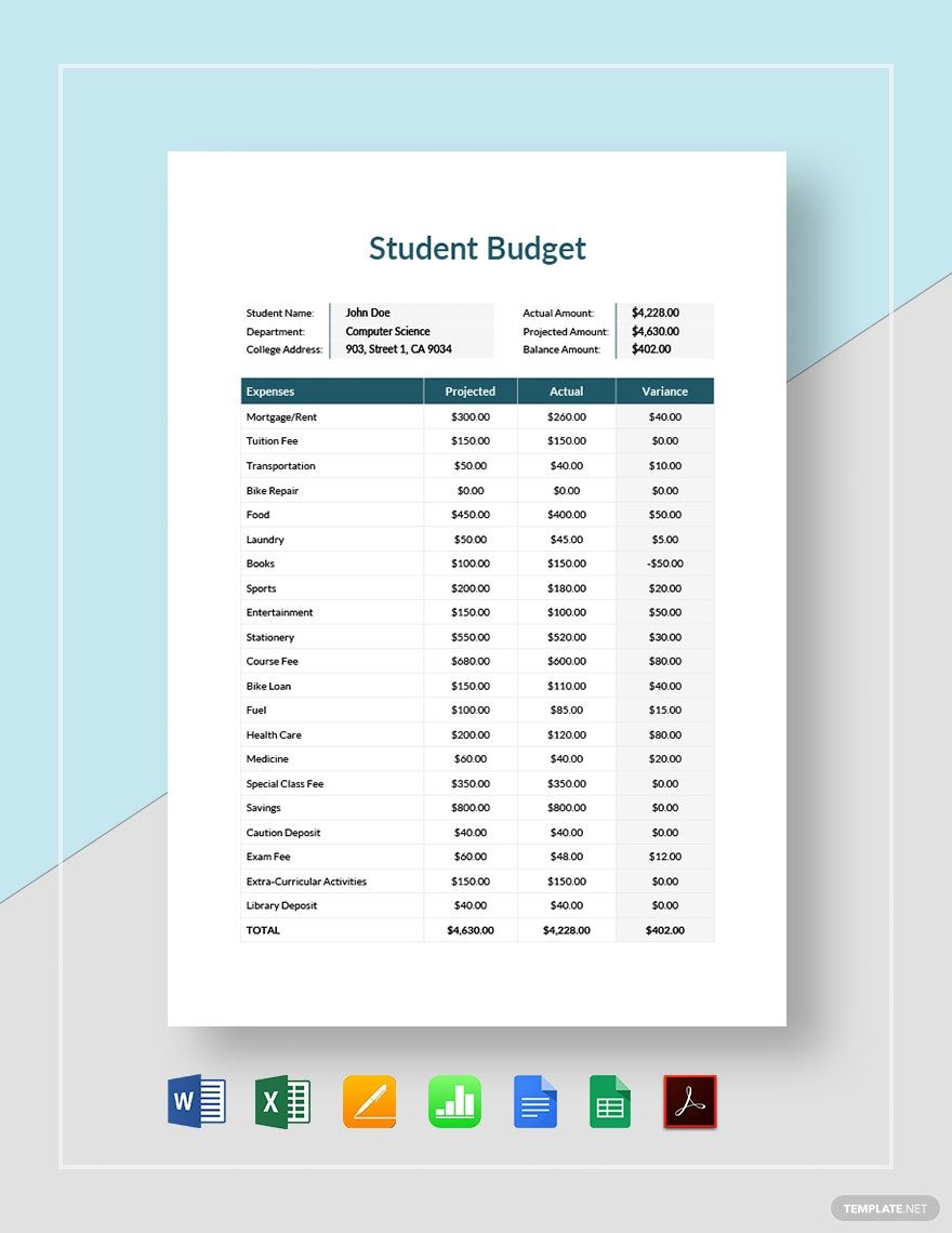 Student Budget Template Google Docs Google Sheets Excel Word 