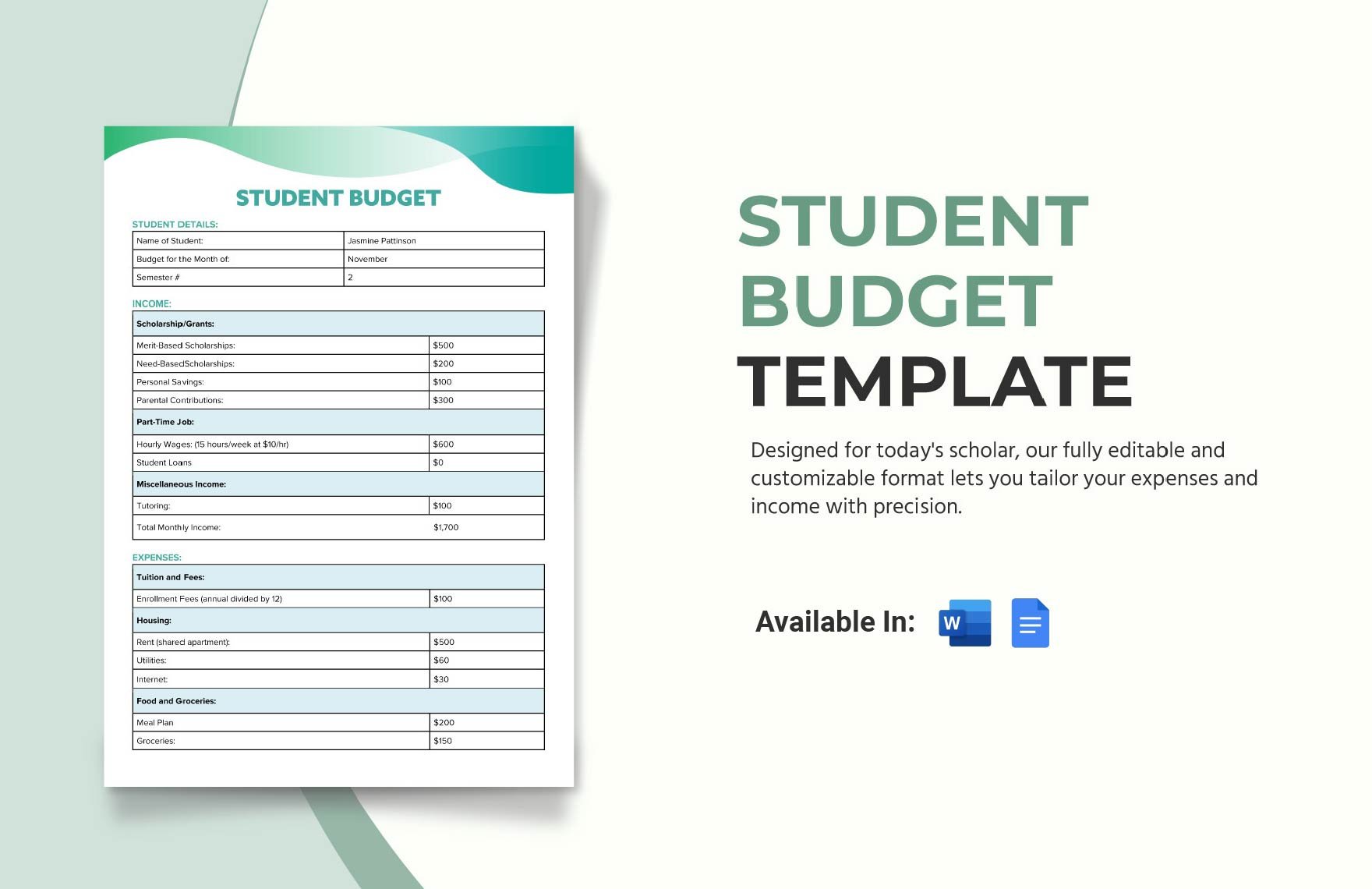 Student Budget Template in Word, Google Docs