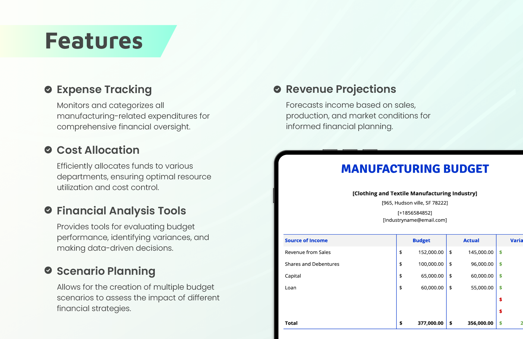 Manufacturing Company Budget Template