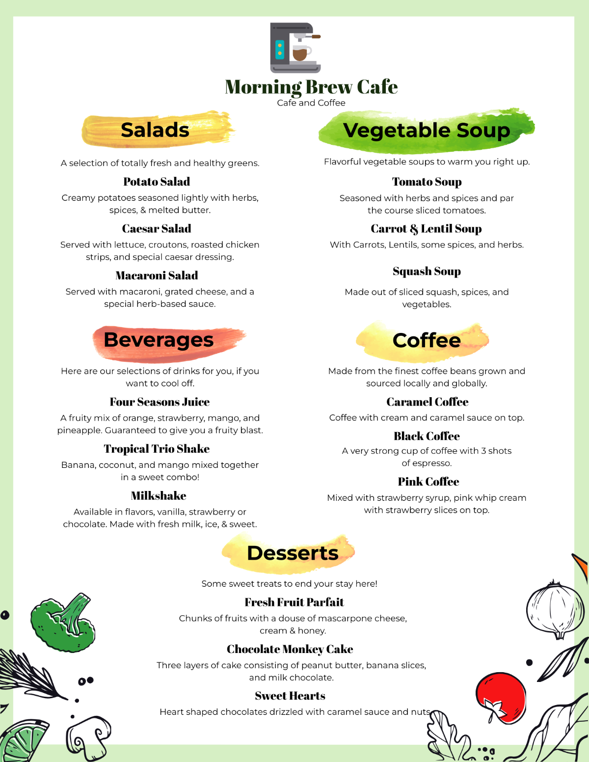 Salad Cafe/ Coffee Shop Menu