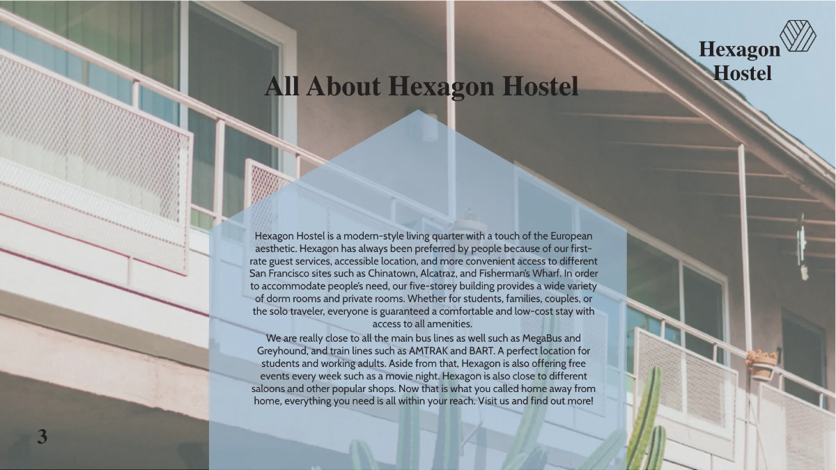 Free Hexagon Hostel Presentation Template to Edit Online