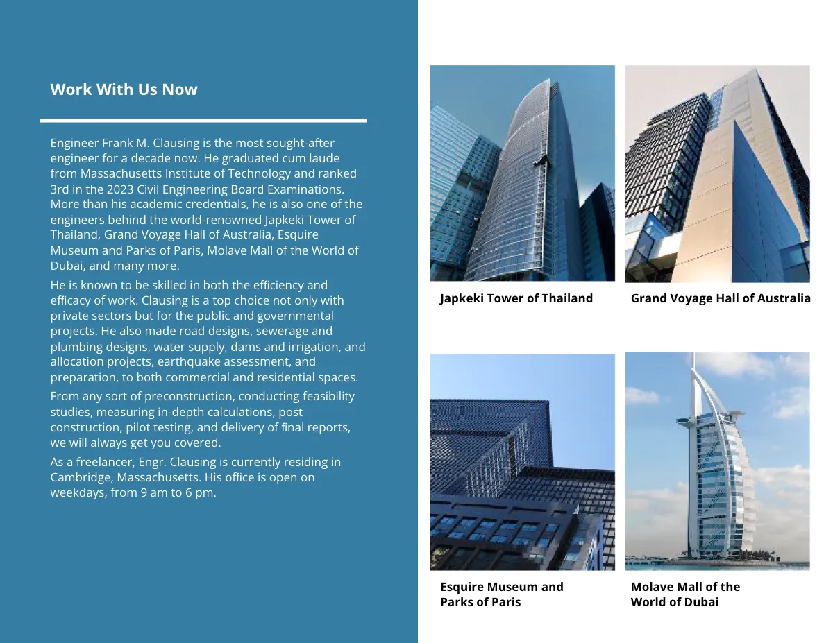 Free Civil Engineer Bi-Fold Brochure Template to Edit Online