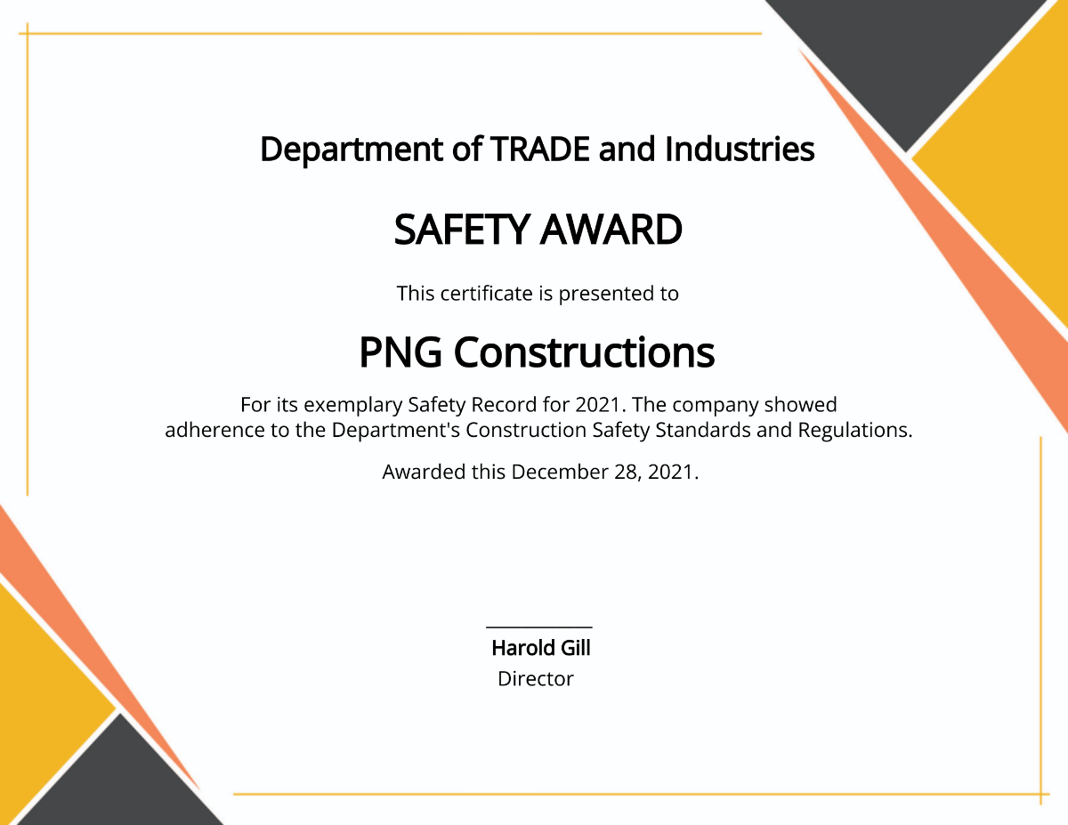 Free Safety Award Certificate