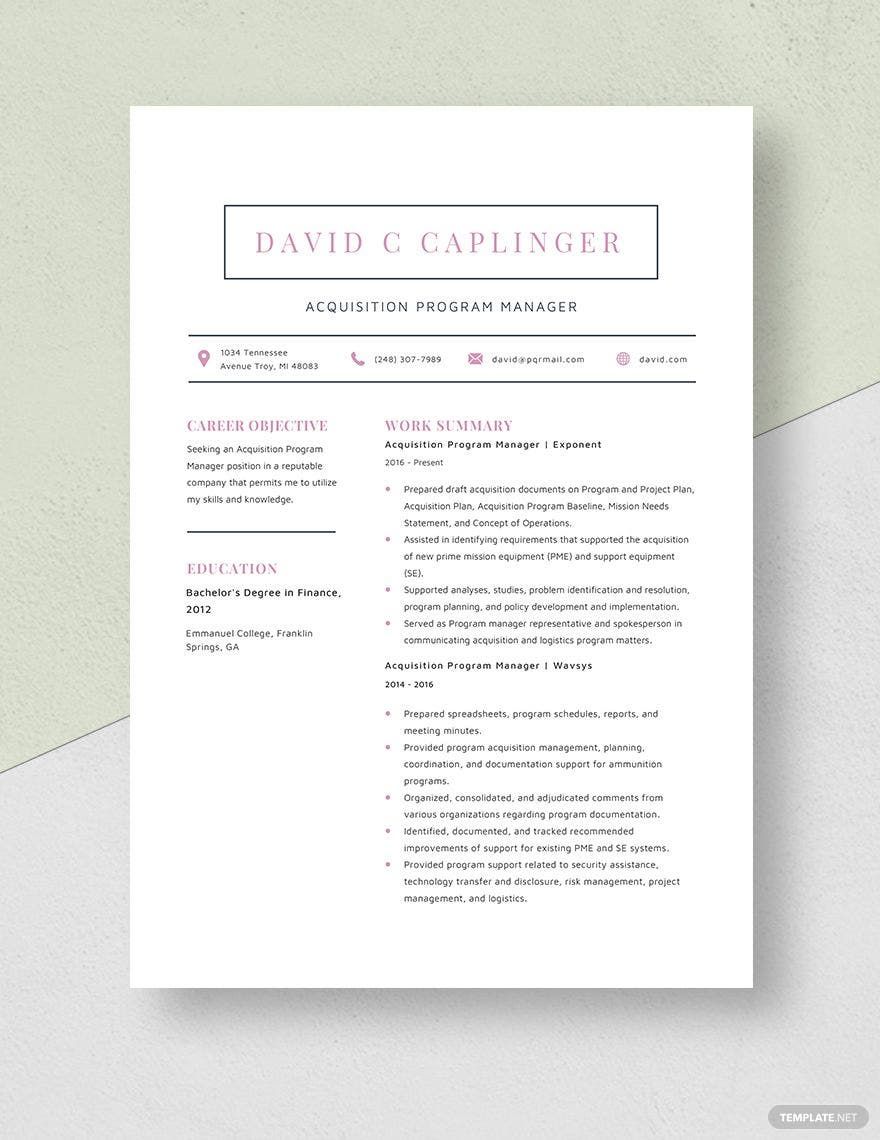 Free Acquisition Program Manager Resume Template