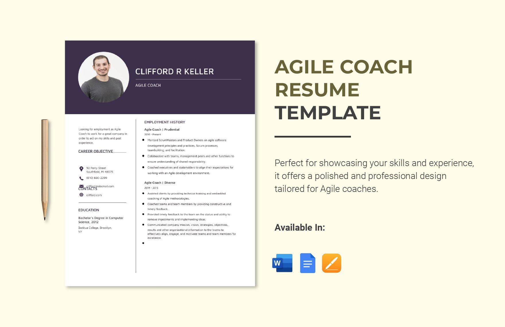 Agile Coach Resume in Word, Google Docs, Apple Pages