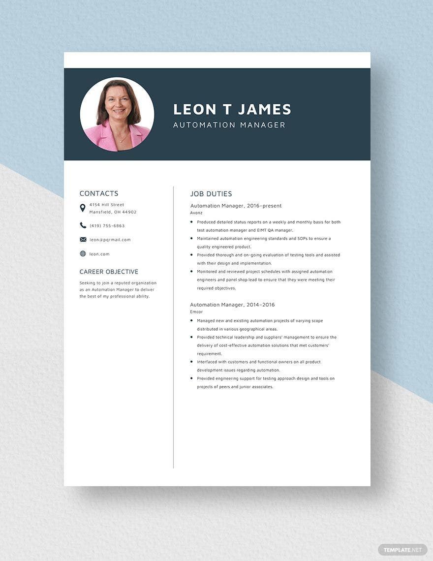 Free Automation Manager Resume Template