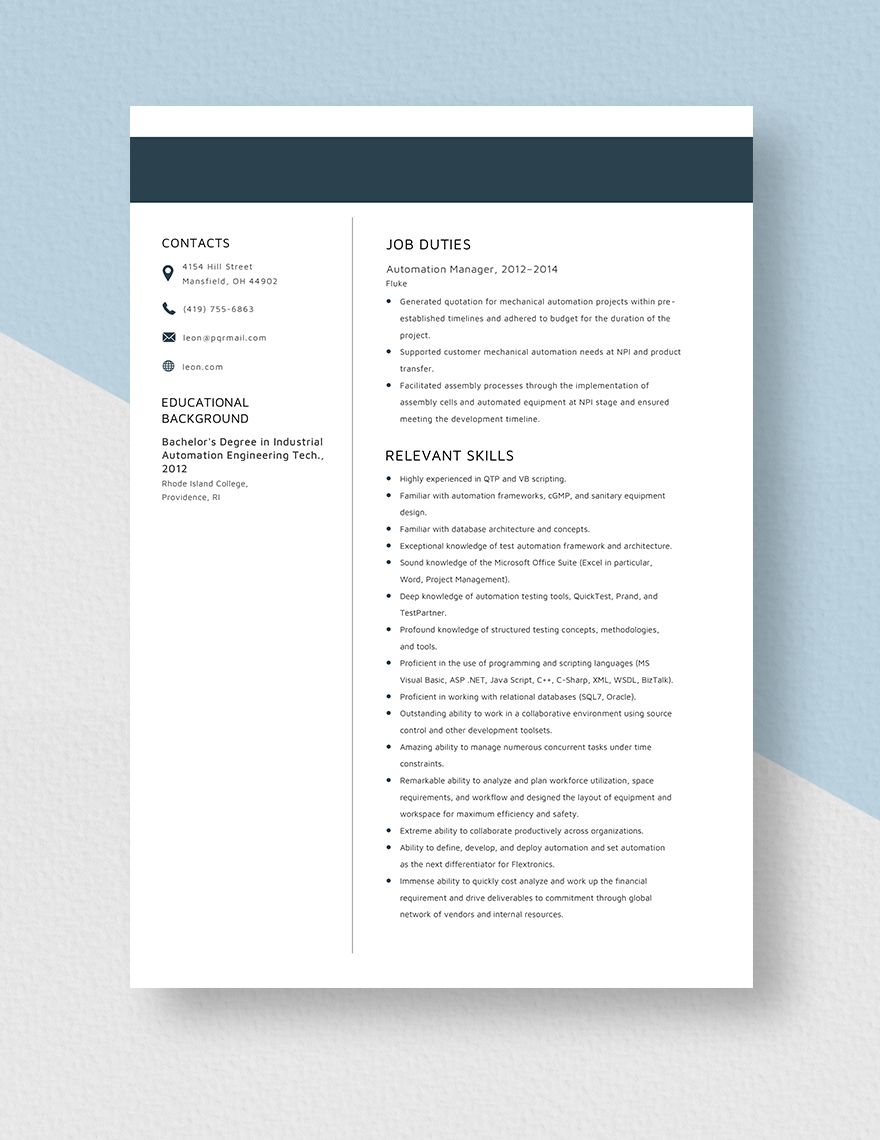 Automation Manager Resume
