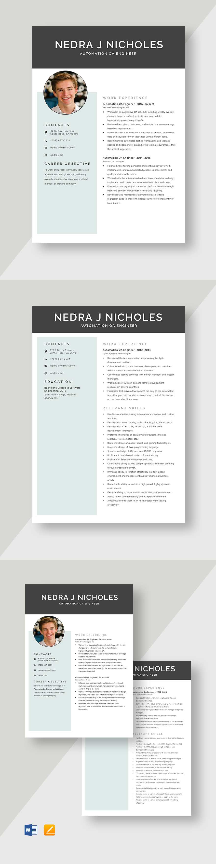 Free Automation QA Engineer Resume Template Word, Apple Pages