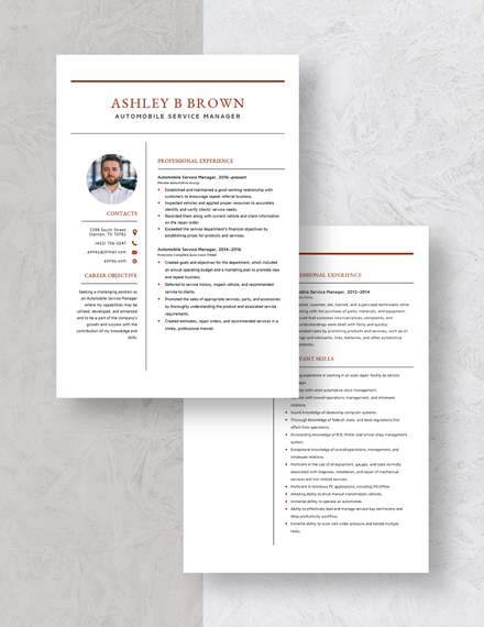 Automobile Service Manager Resume Download