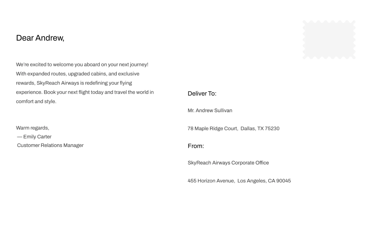 Free Airlines/Aviation Services Postcard Template to Edit Online