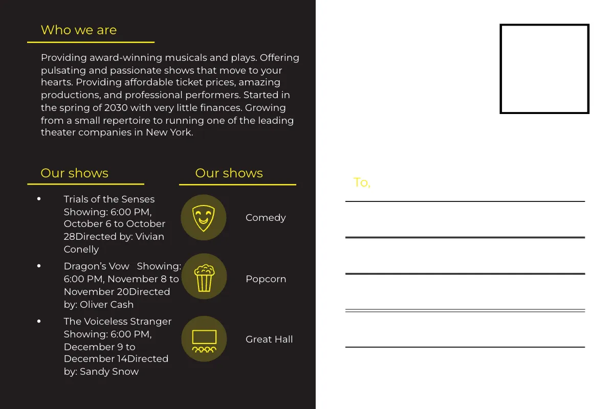 Free Theater Company Postcard Template to Edit Online