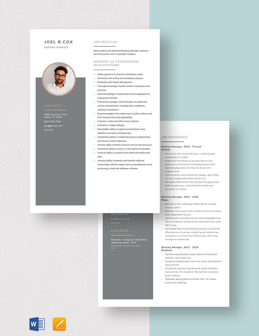 Booking Manager Resume