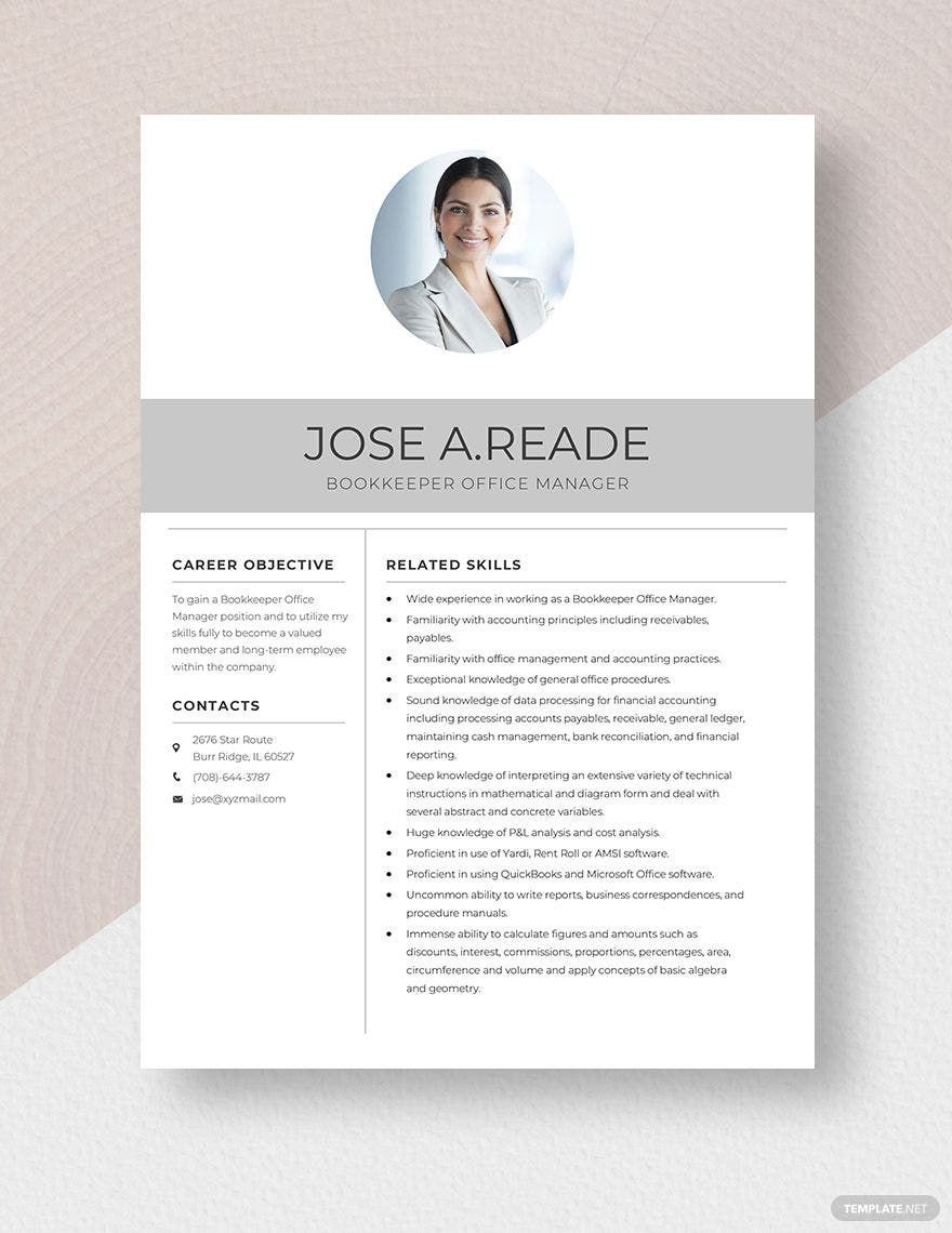 Free Bookkeeper Office Manager Resume in Word, Apple Pages