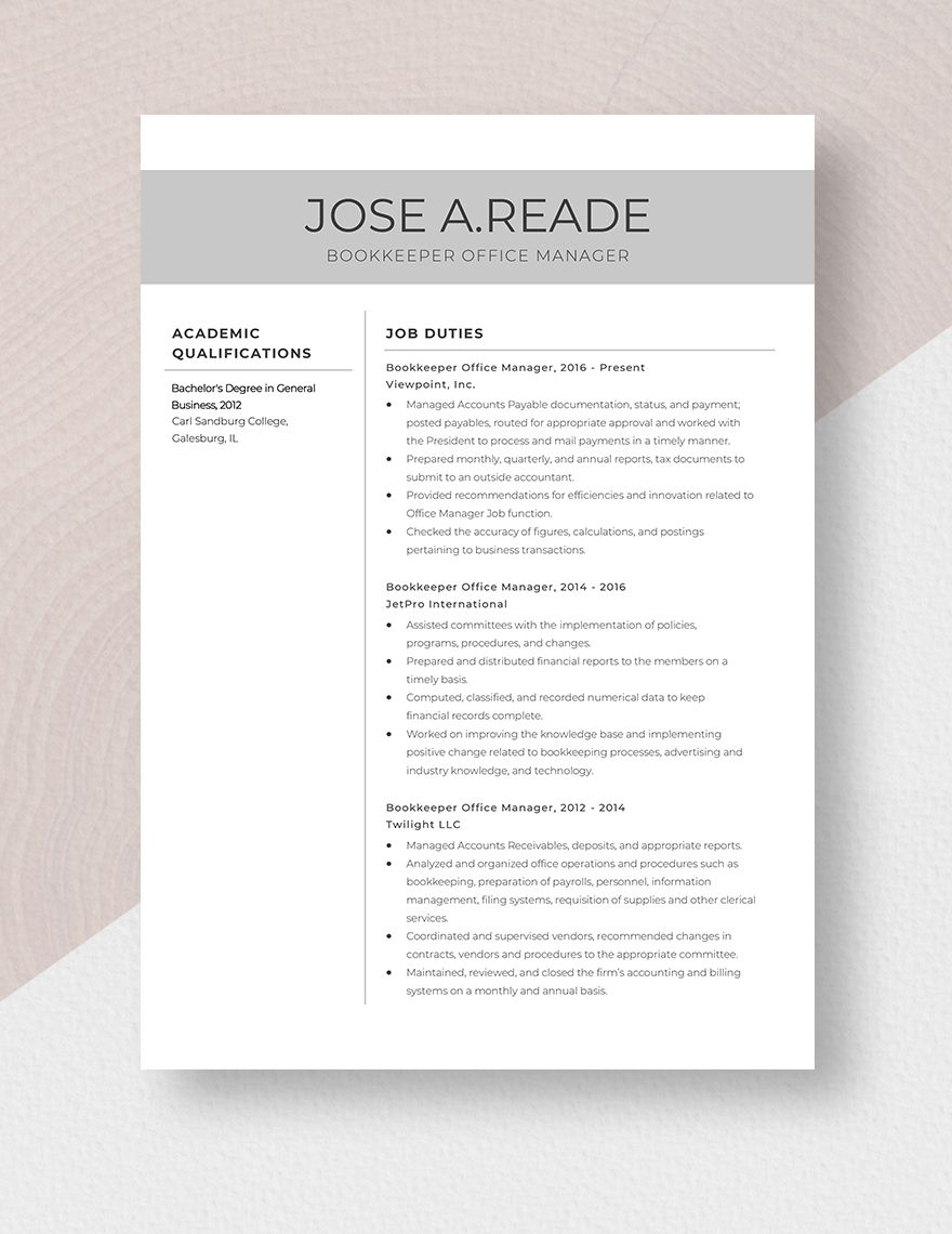 Bookkeeper Office Manager Resume
