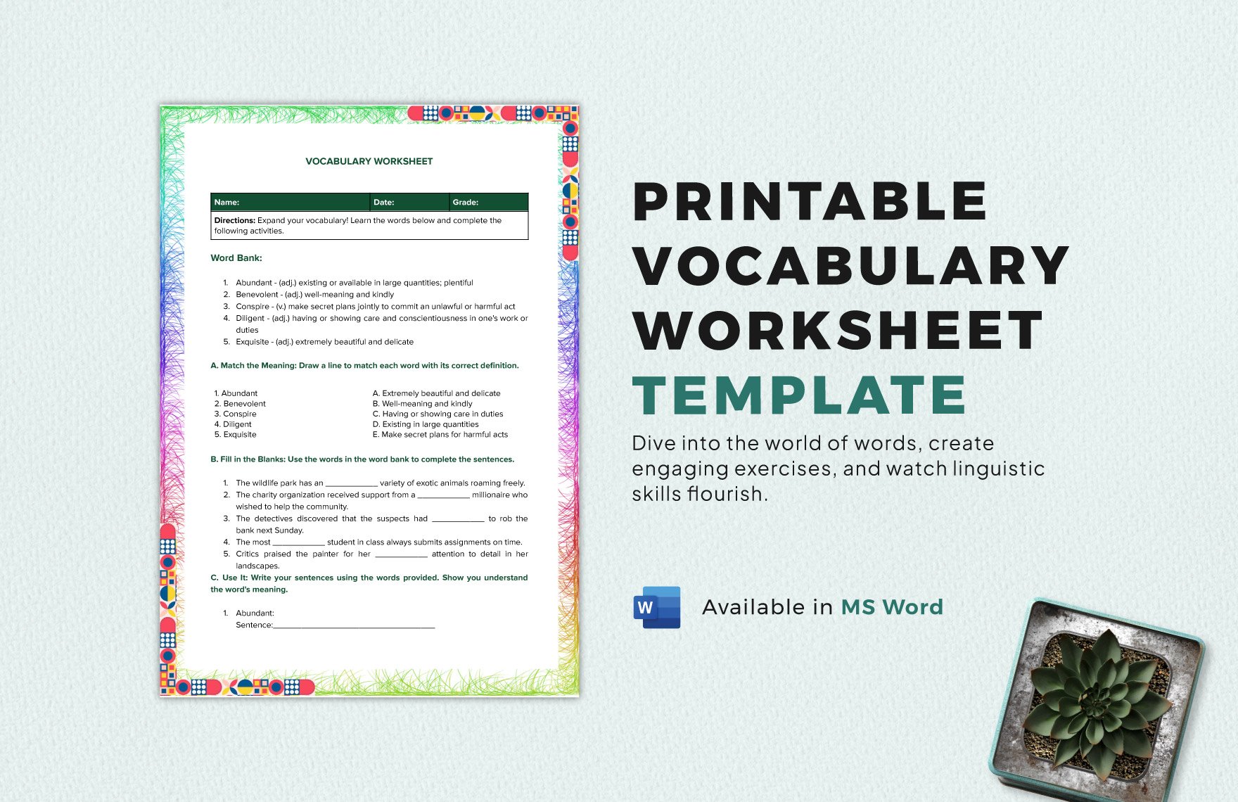 Printable Vocabulary Worksheet Template