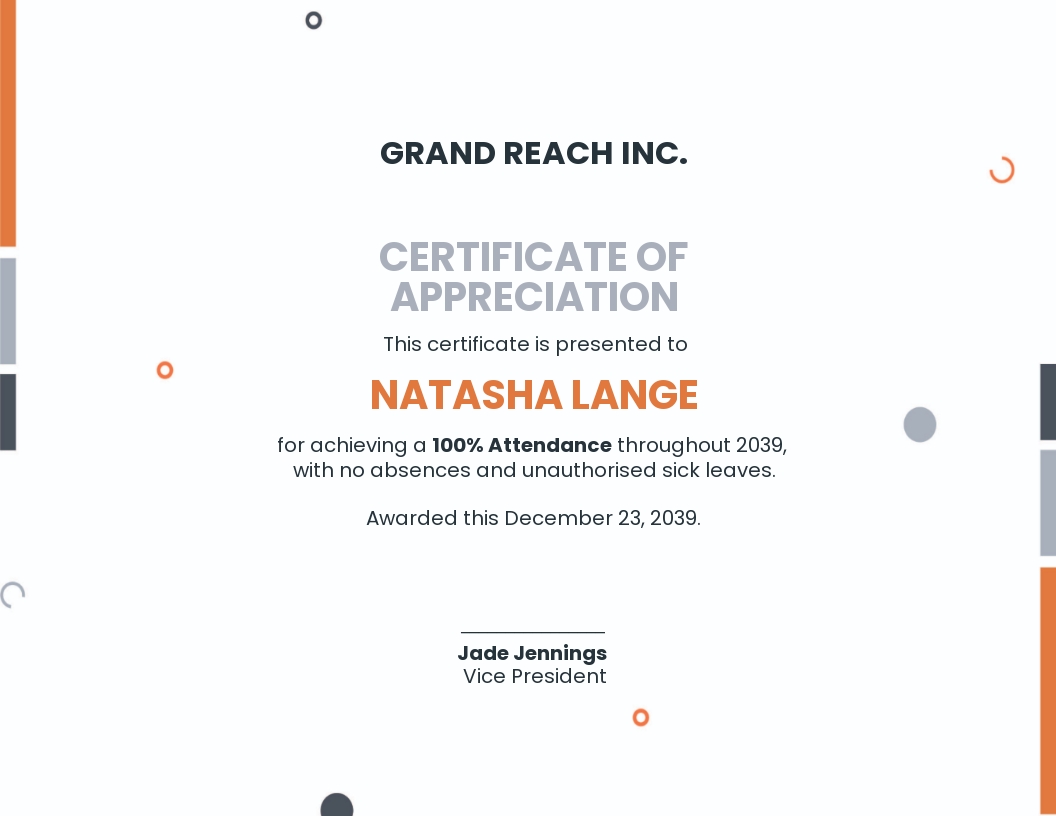 Free 100 Percent Attendance Certificate Template - Google Docs, Illustrator, InDesign, Word, Apple Pages, PSD, Publisher