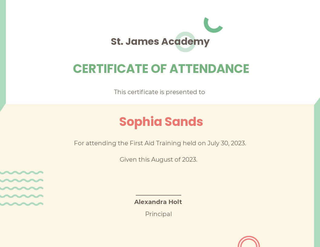 Attendance Certificate Template For Schools - Google Docs, Illustrator, InDesign, Word, Apple Pages, PSD, Publisher