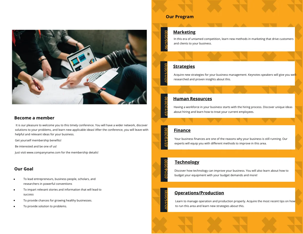 Free Sample Conference Bi-Fold Brochure Template to Edit Online