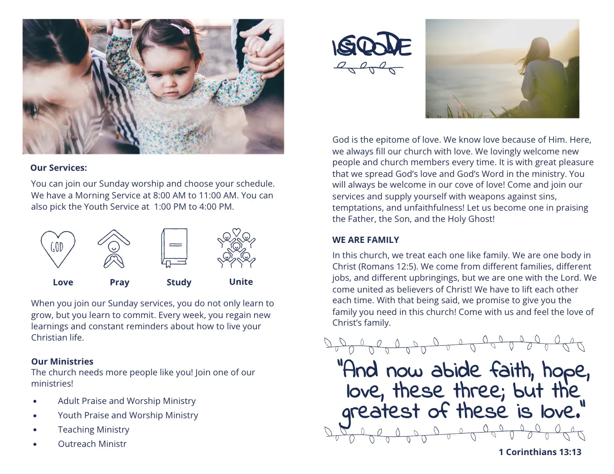 Free Church Service Bi-Fold Brochure Template to Edit Online