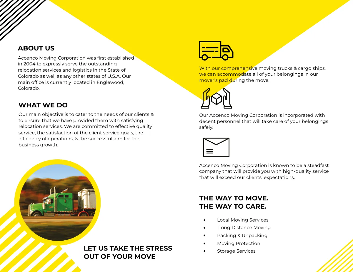 Free Moving Company Bi-Fold Brochure Template to Edit Online