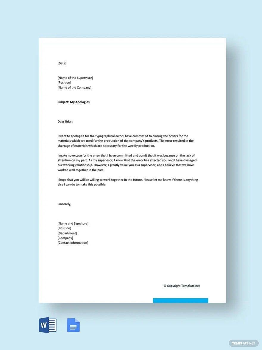 Apology Letter for Mistake in Work Template in Word, Google Docs, Pages, PDF - Download | Template.net