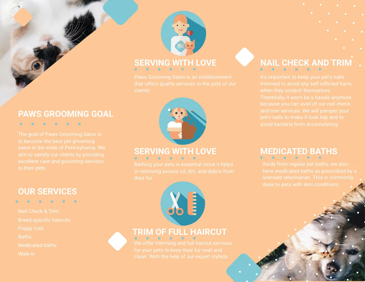 Free Pet Grooming Tri-Fold Brochure Template to Edit Online