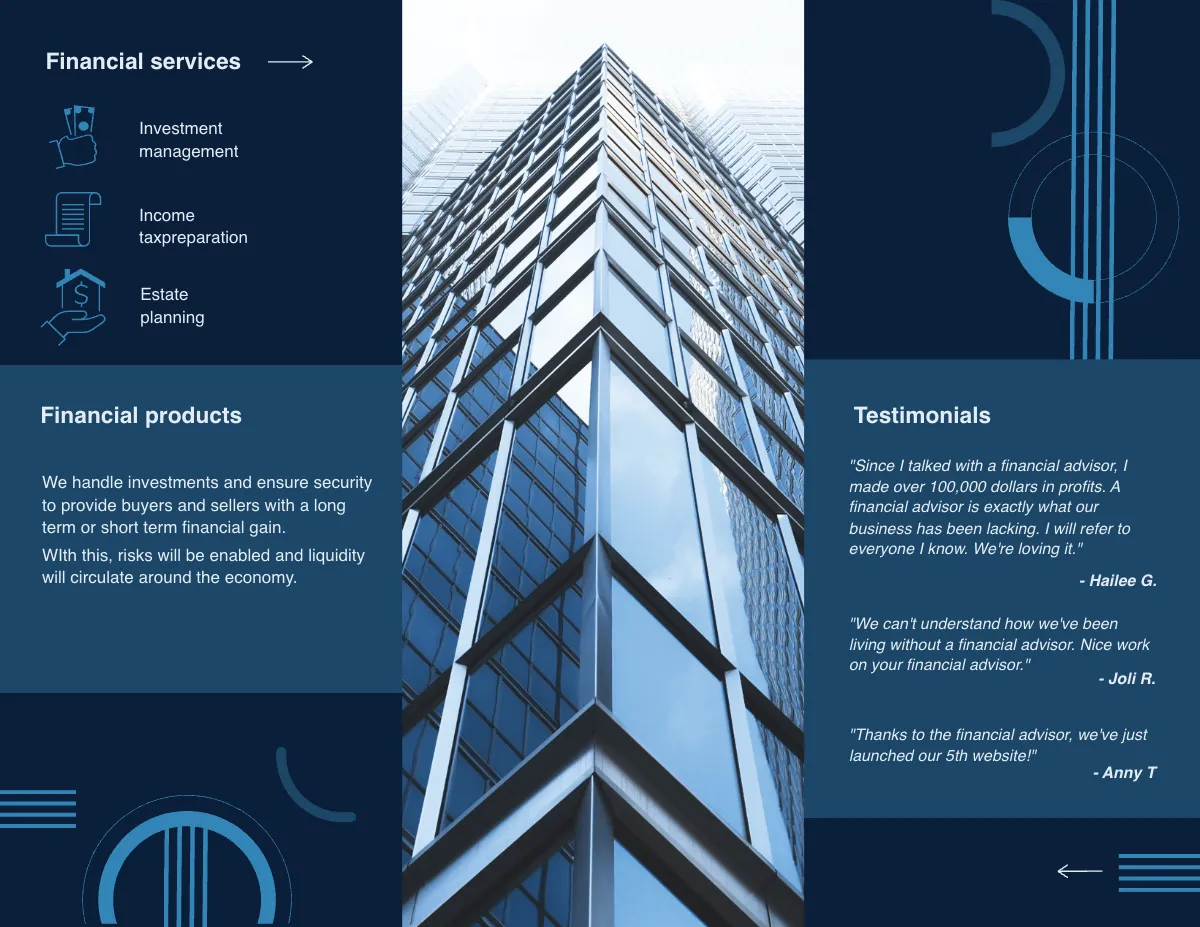 Free Financial Advisor Tri-Fold Brochure Template to Edit Online