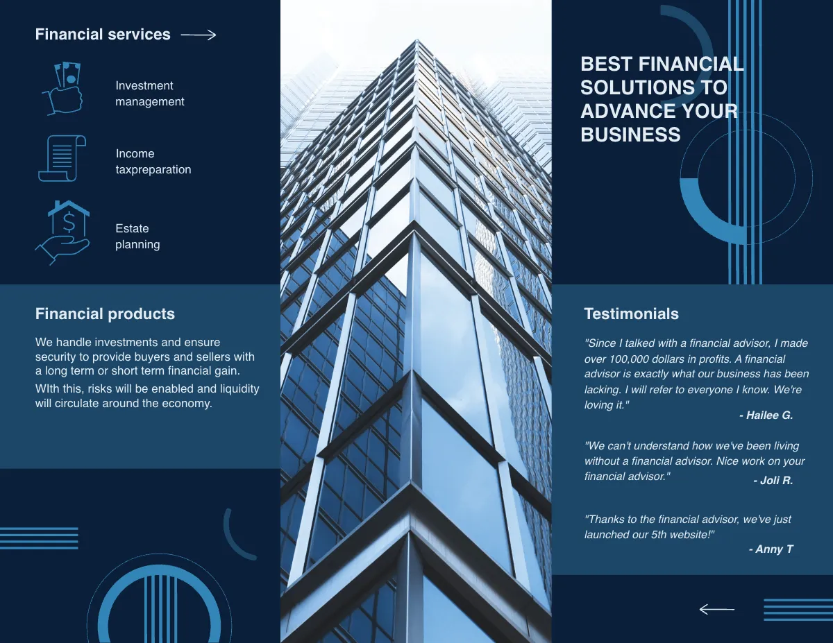 Free Financial Advisor Bi-Fold Brochure Template to Edit Online