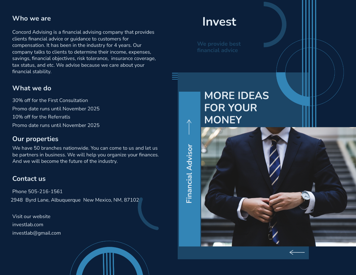 Financial Advisor Bi-Fold Brochure Template - Edit Online & Download