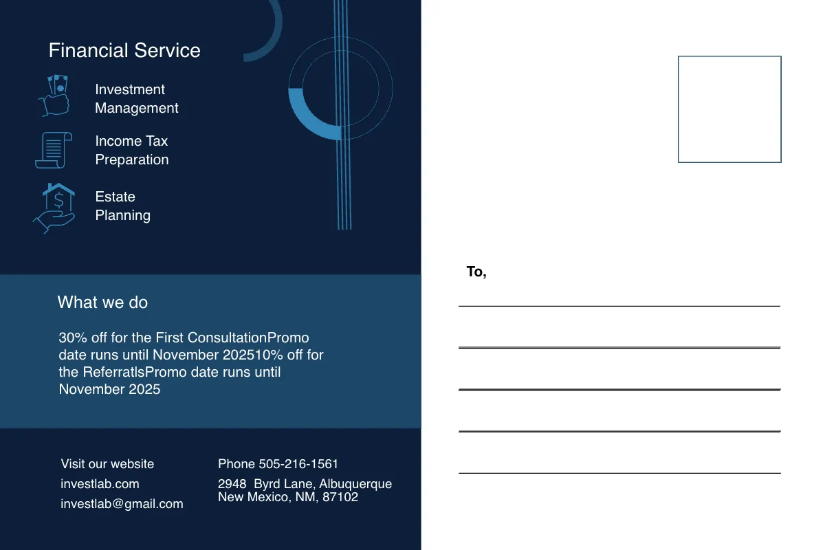 Free Financial Advisor Postcard Template to Edit Online