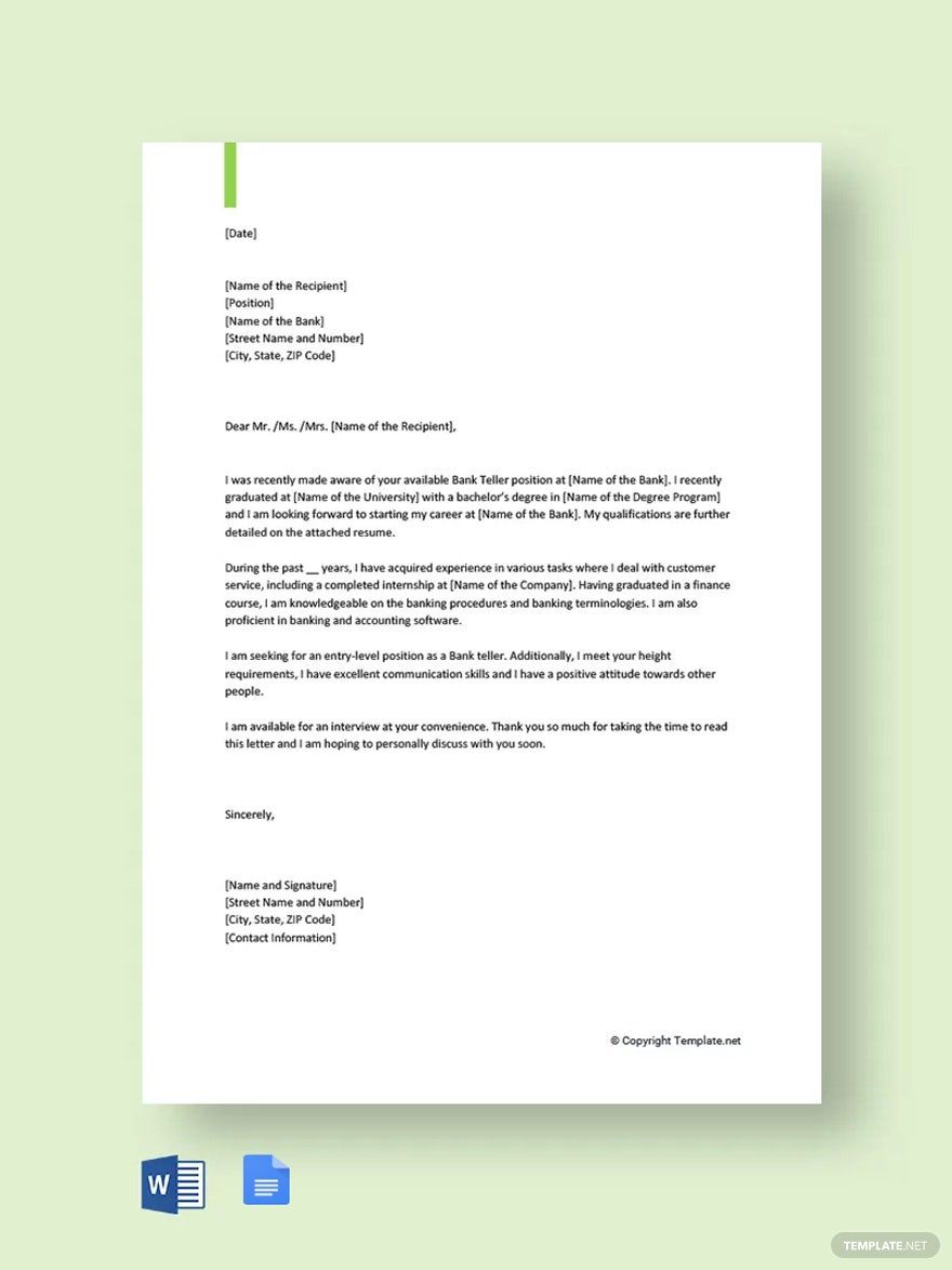 Cover Letter for Bank Job Application Template