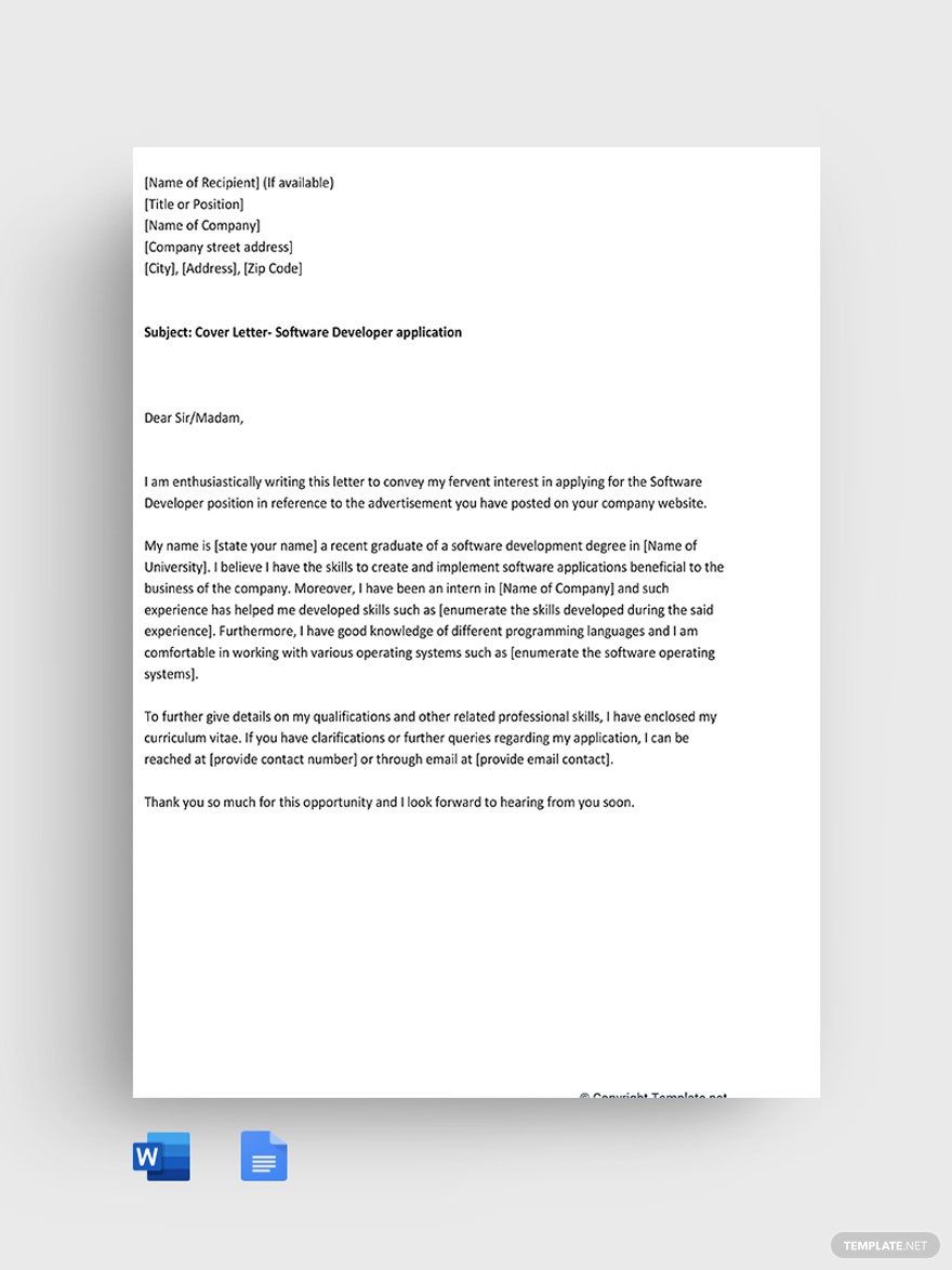 Cover Letter for Software Developer for Fresher Template in Word, Google Docs, PDF, Apple Pages