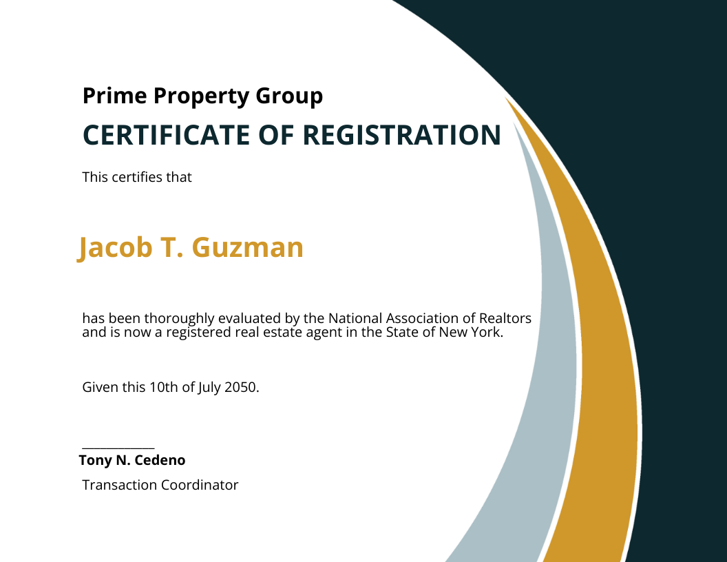 Real Estate Certificate of Registration