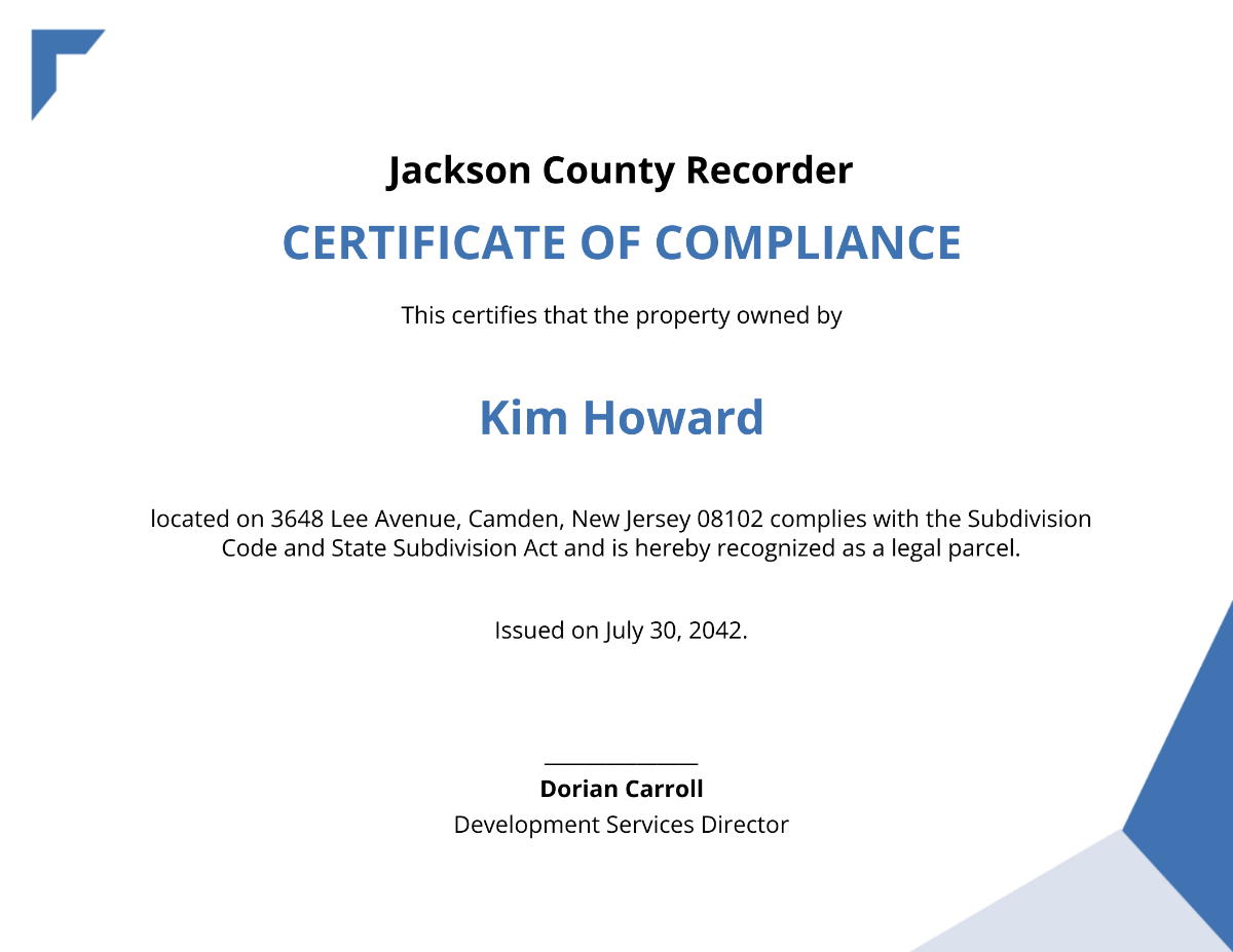 Real Estate Compliance Certificate