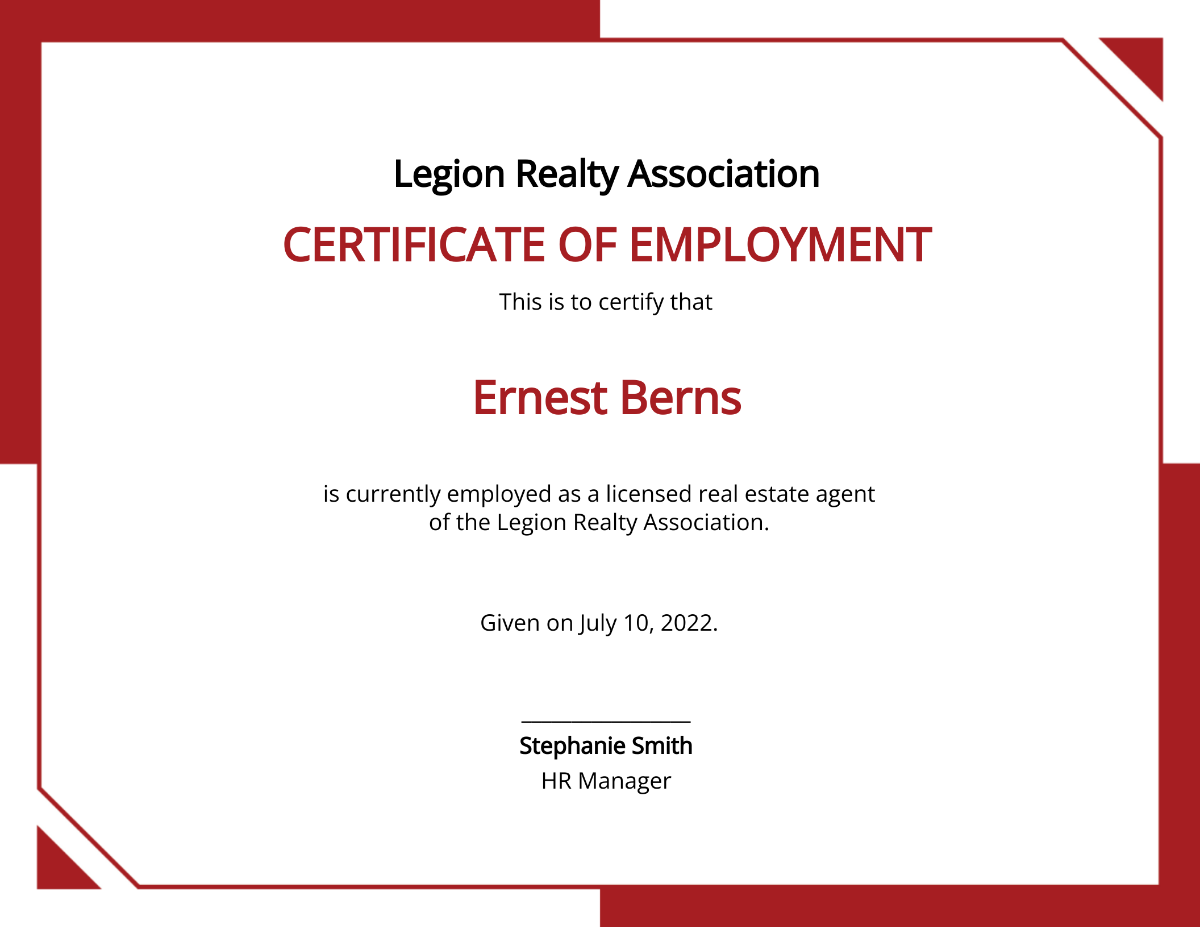 Real Estate Employee Certificate Template
