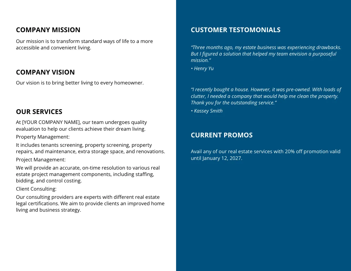 Free Bi-Fold Real Estate Services Brochure Template to Edit Online