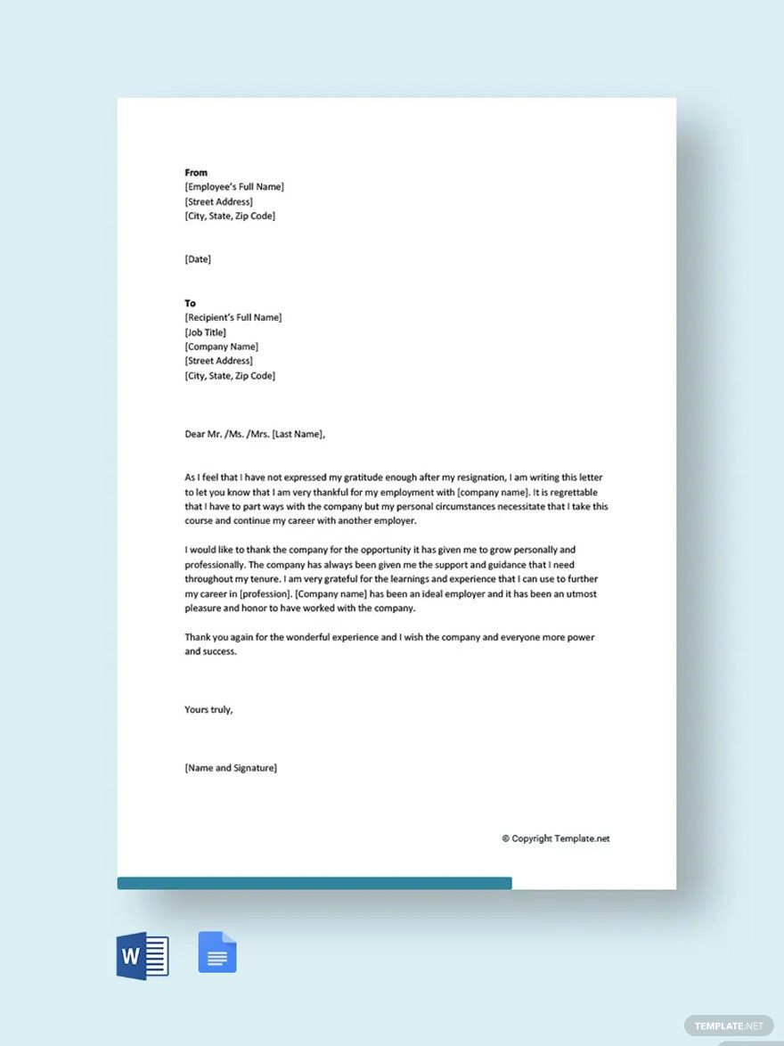 Free Thank You Letter After Resignation from Job Template