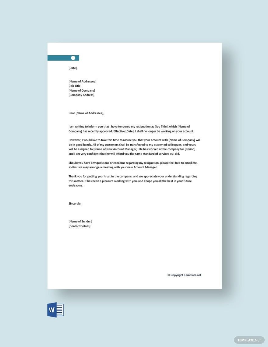 Free Thank You Letter After Resignation To Customer Template