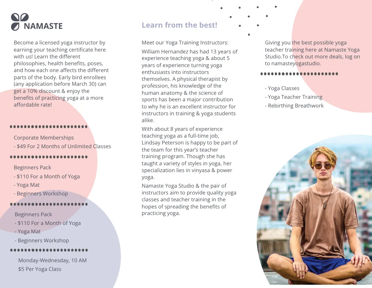 Free Yoga Instructor & Studio Tri-Fold Brochure Template to Edit Online