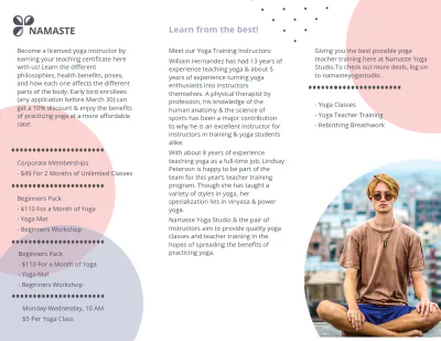 Free Yoga Instructor & Studio Tri-Fold Brochure Template to Edit Online