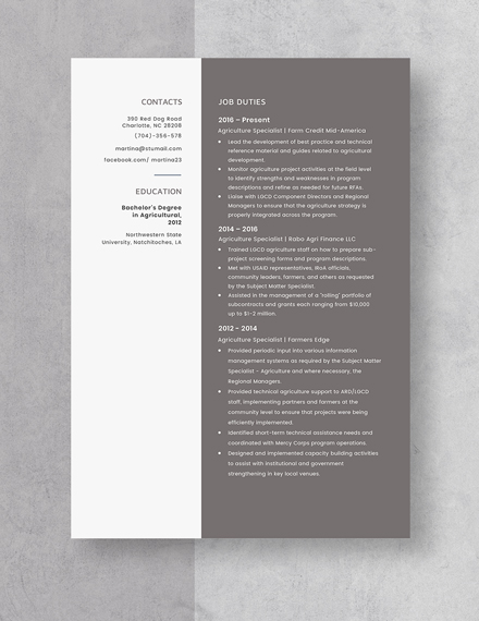 Agriculture Specialist Resume Template